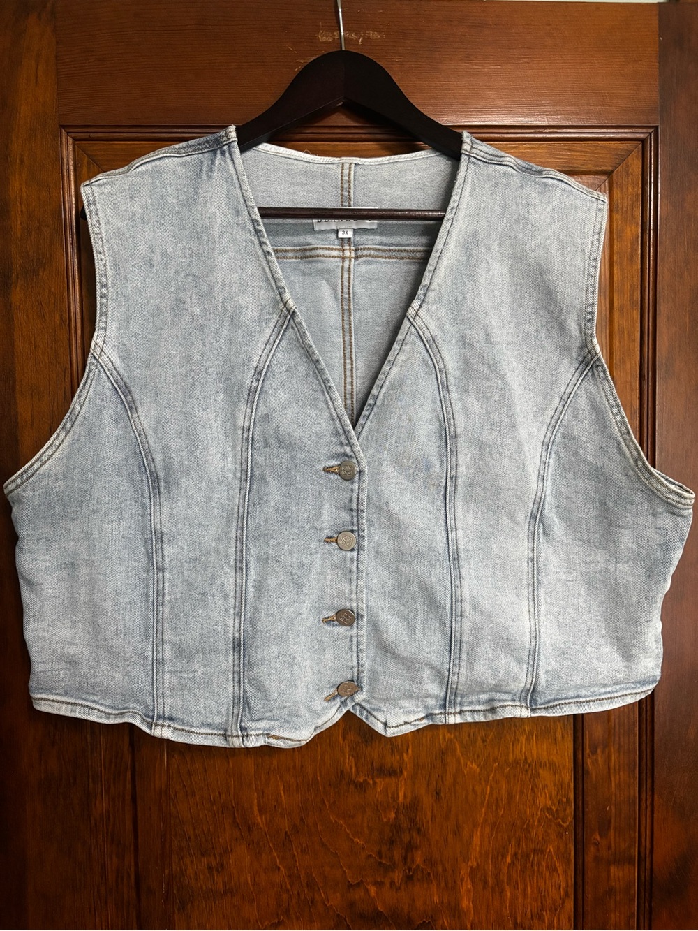 Women’s Light Gray-Blue Denim Vest, Button-Front Sleeveless